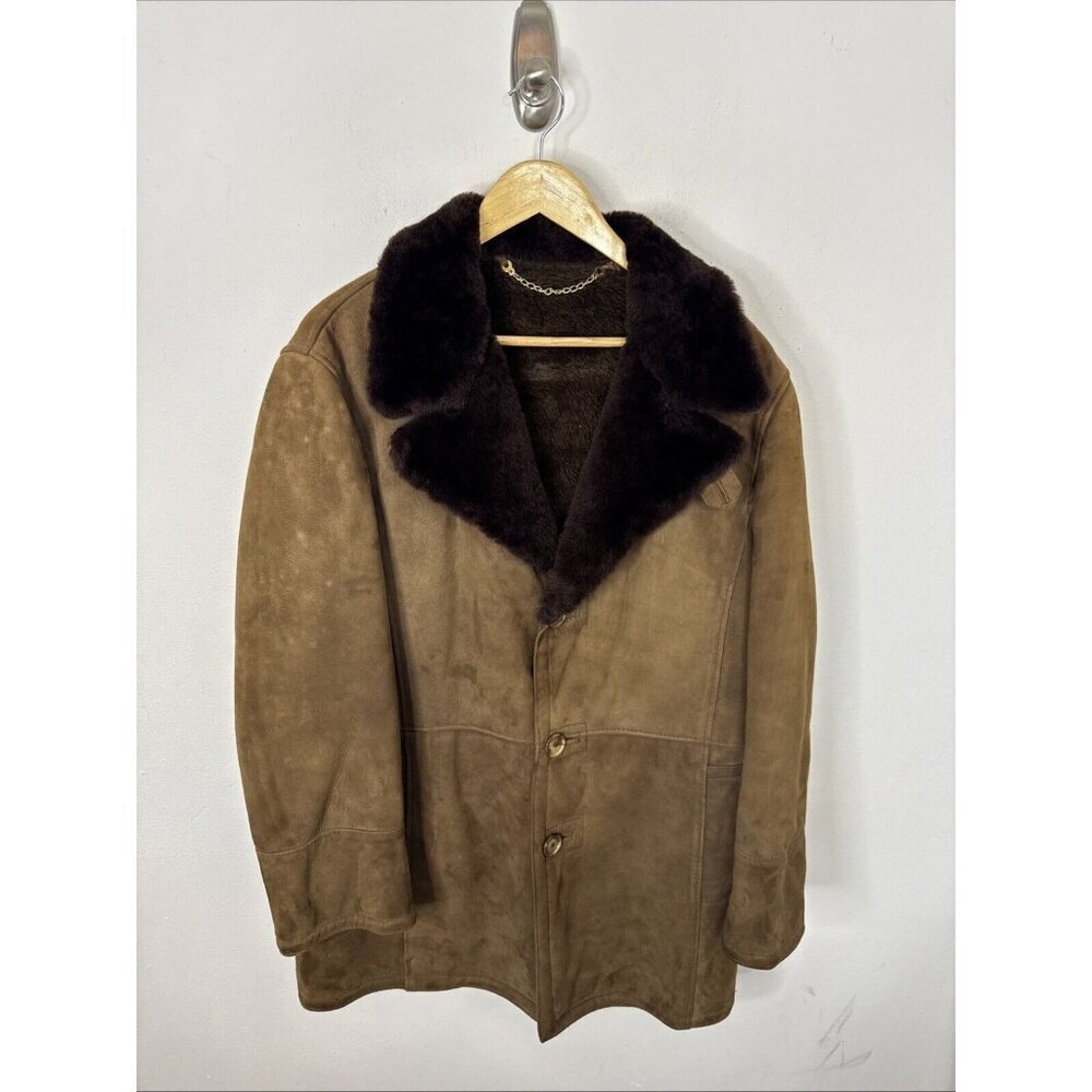 Vintage Wolff Canada Men 44 L Leather Suede‎ Faux Shearling Coat Jacket Brown